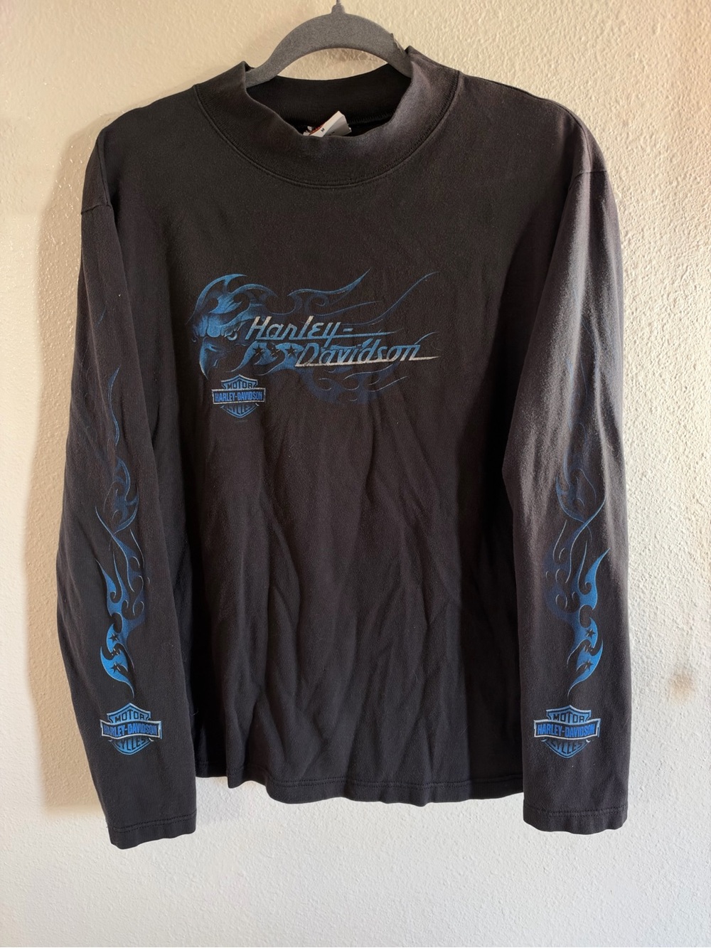 Vintage Y2K Harley Davidson Mock Neck Blue Flame Eagle Long Sleeve Tee Mens M